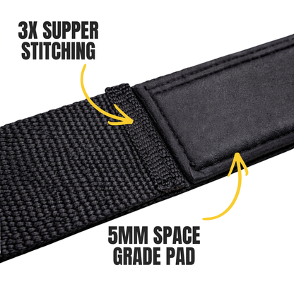 Black weightlifting strap with 3x super stitching and 5mm space grade pad on a white background