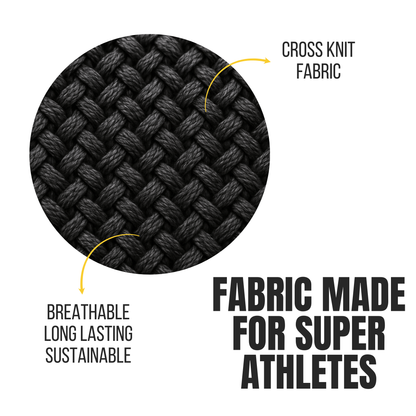 Black cross-knit fabric with text highlighting features and target audience
