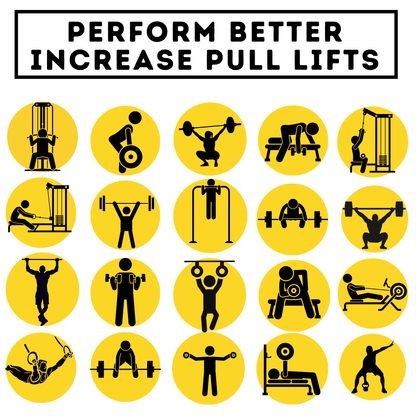 Collection of black silhouette icons of various pull lifts on yellow circles with text 'Perform Better Increase Pull Lifts'.