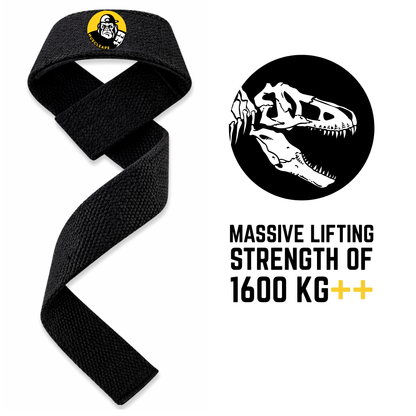 Black lifting strap with a logo and text about lifting strength on a white background