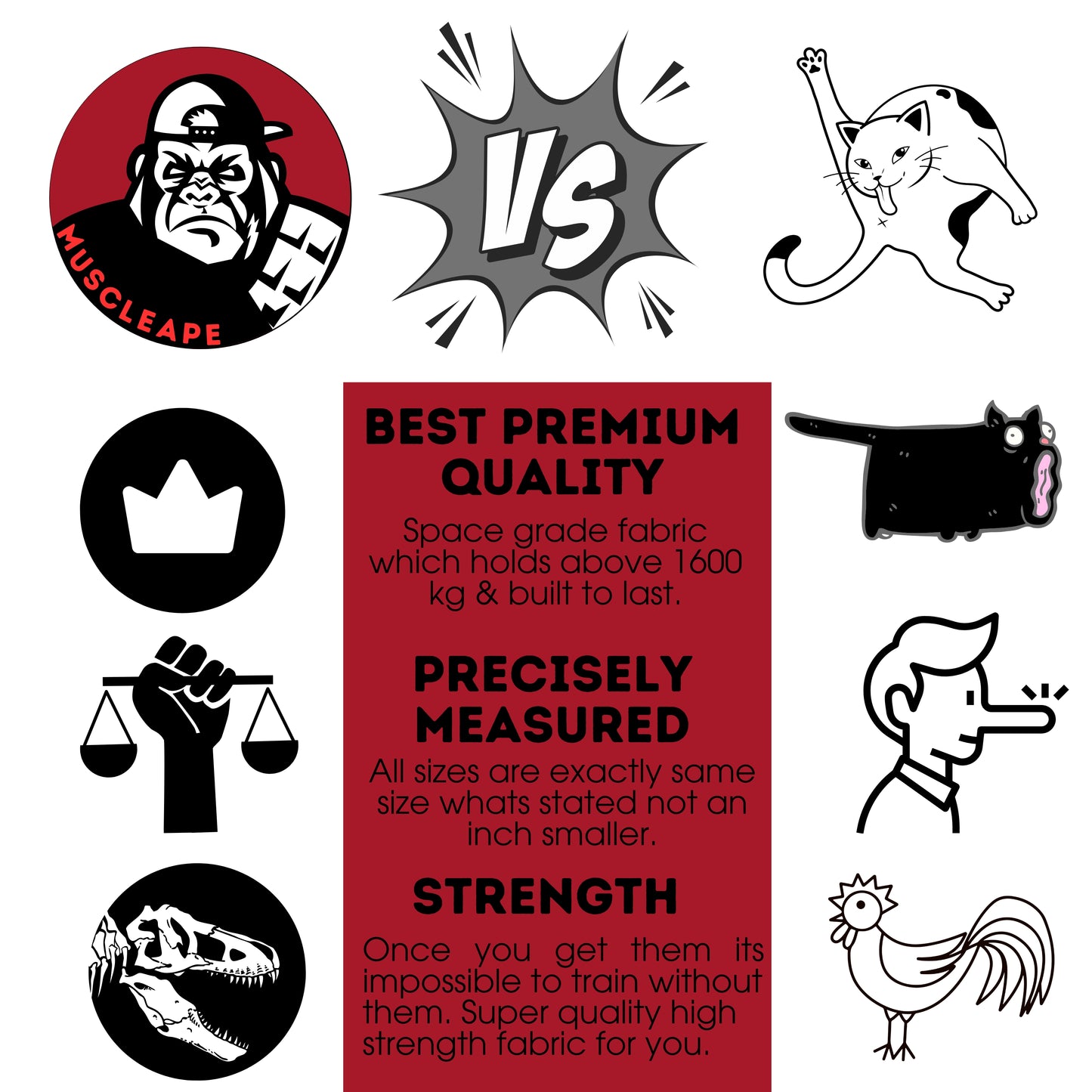 A promotional graphic for a strength training fabric product, featuring cartoon-style illustrations of a gorilla labeled Muscleape, a cat, a black cat silhouette, a hand holding scales, a dinosaur skull, a face blowing a nose, and a rooster, arranged around a central red text panel with product claims.