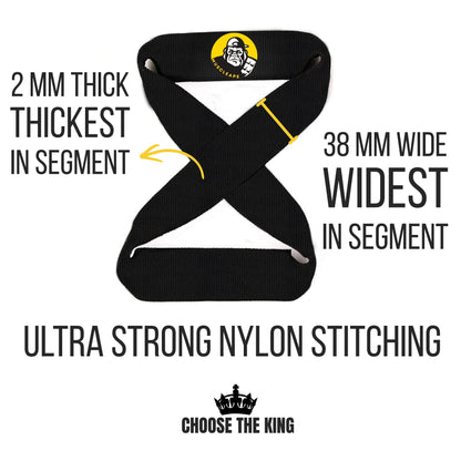 Black 8 shape weighlifting straps with specifications on a white background, featuring 'Choose the King' branding.