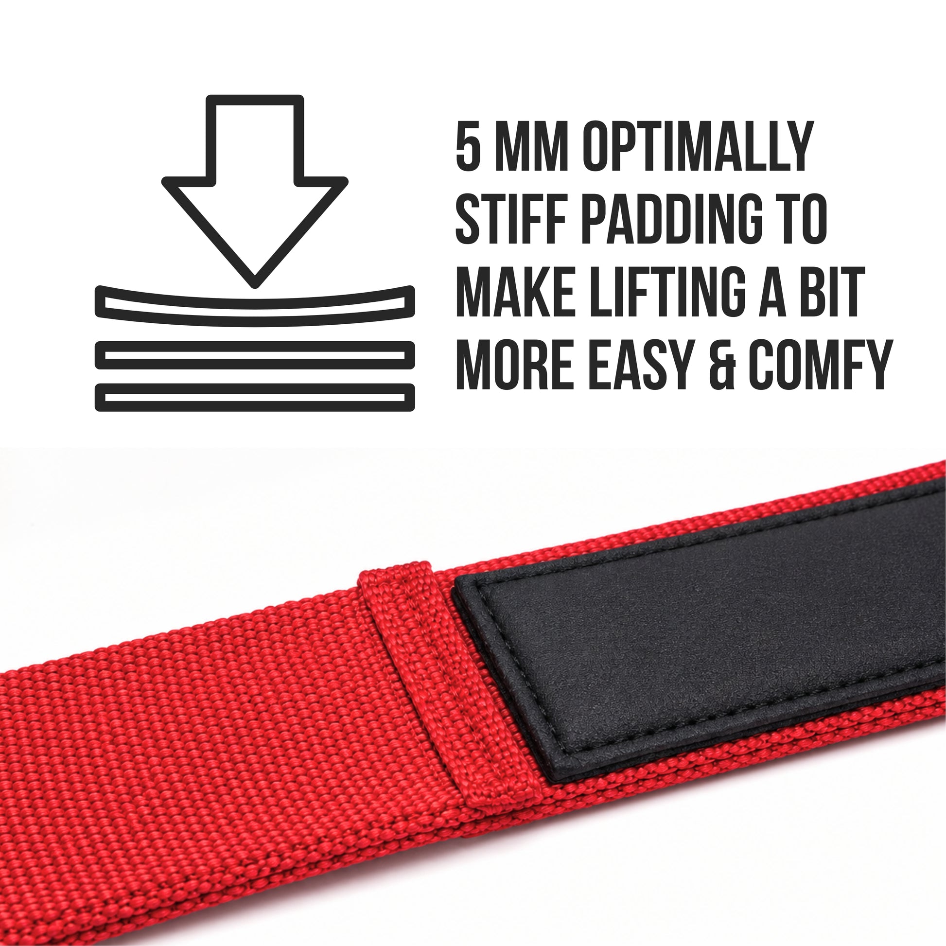 Red webbing strap with a black padded section, shown on a white background with a black line icon and text explaining cushioned padding for lifting comfort.