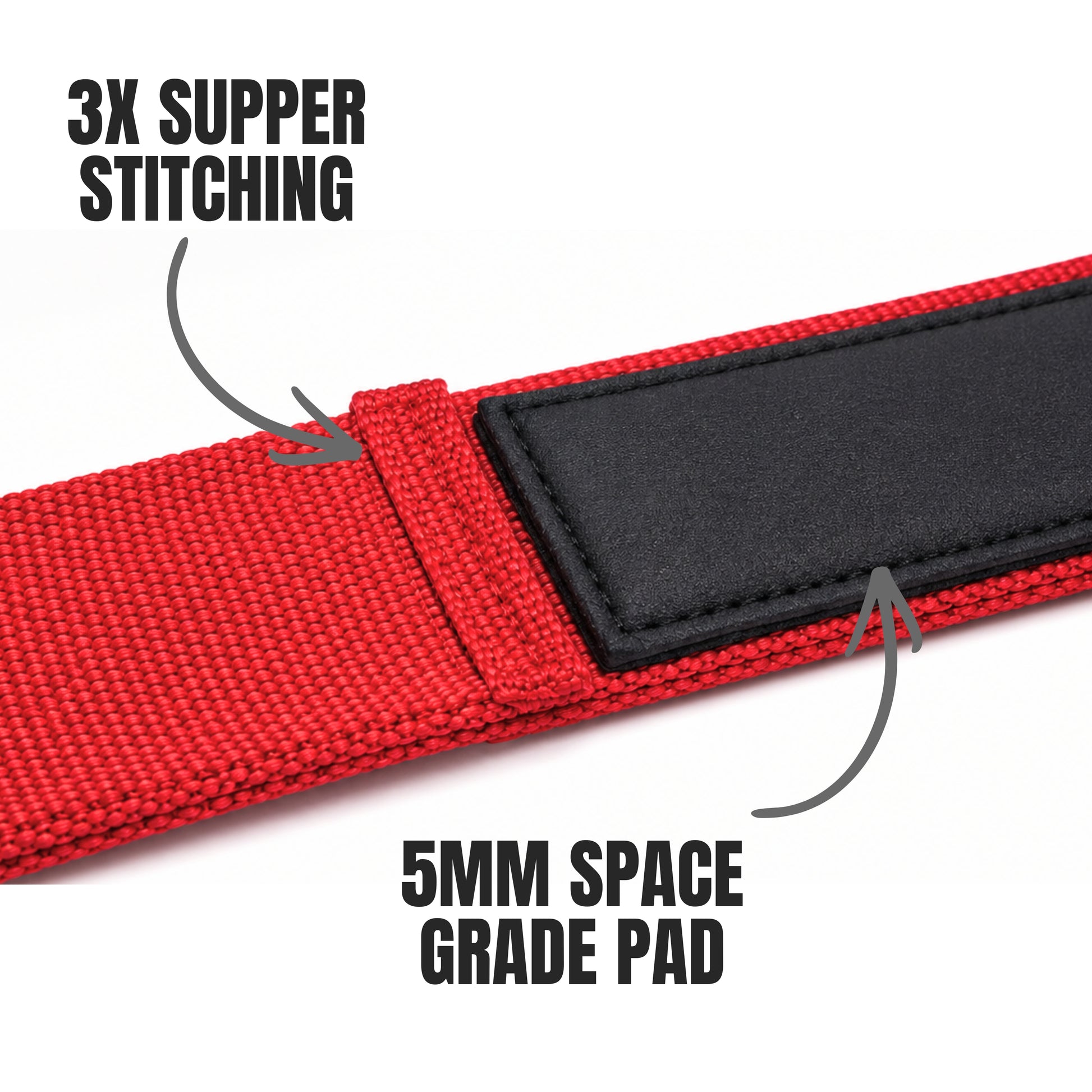 Close-up of a red woven strap with a black rectangular padded section, labeled with text callouts reading '3X SUPPER STITCHING' and '5MM SPACE GRADE PAD' on a white background.