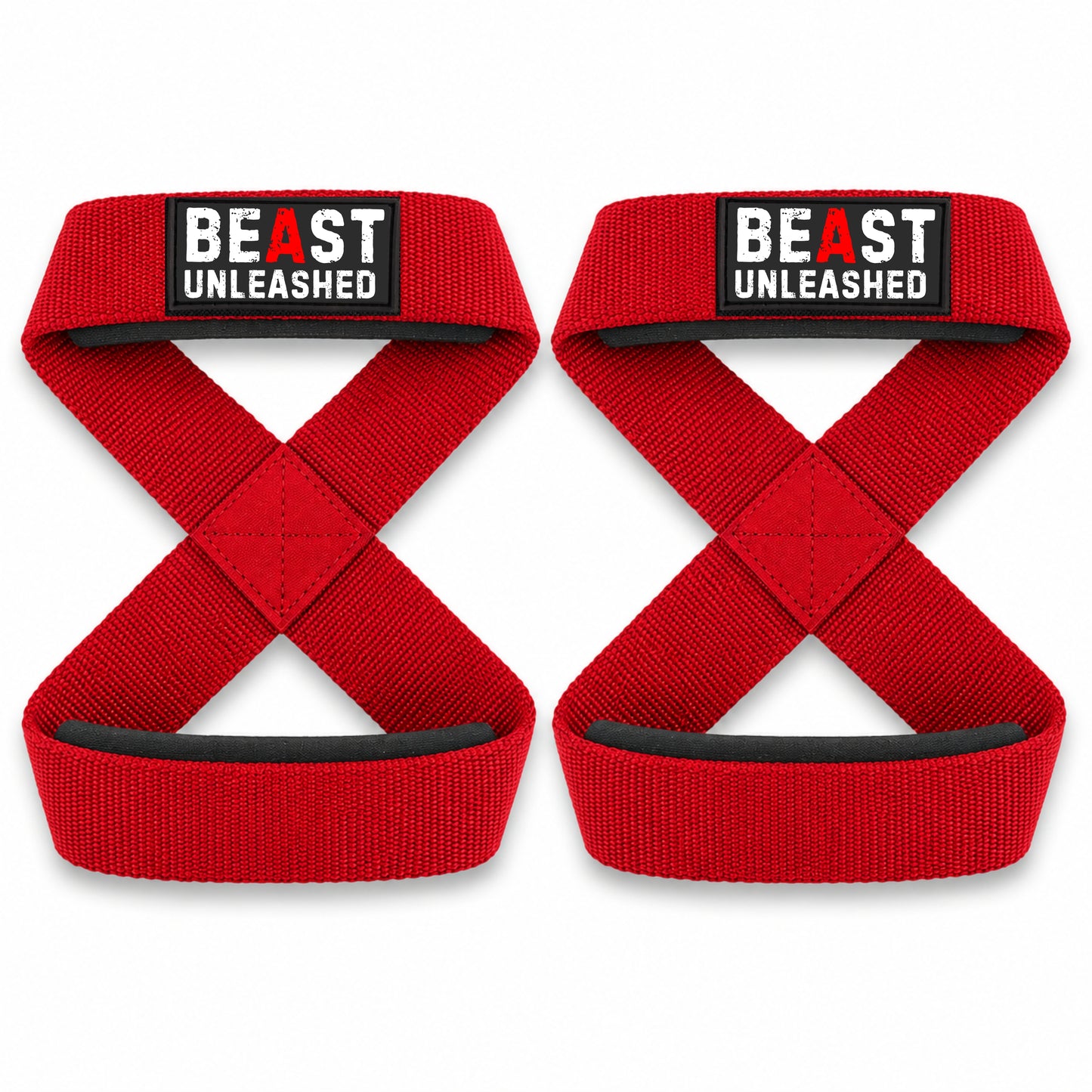 Two red crossover grip straps with black and white 'BEAST UNLEASHED' patches, displayed side-by-side on a white background.