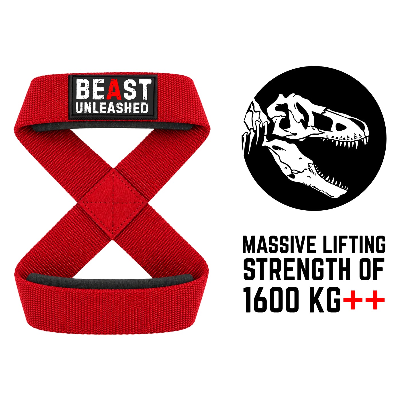 Red fabric lifting strap with black trim and a black brand patch reading 'BEAST UNLEASHED' on the top loop, shown on a white background with a black circular logo and text stating 'MASSIVE LIFTING STRENGTH OF 1600 KG++'.