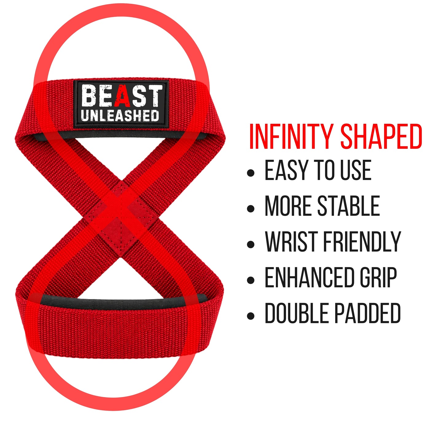 Red infinity-shaped wrist wrap with a black and white 'BEAST UNLEASHED' logo patch, shown on a white background with text highlighting product features.