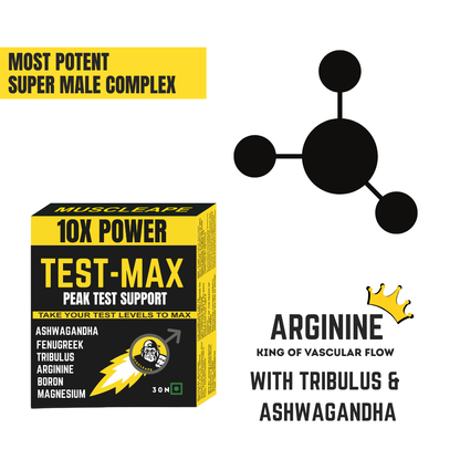 Advertisement for Test-Max supplement with black and yellow packaging, molecular structure graphic, and text about ingredients.
