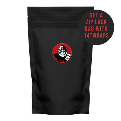 Black zip lock bag with a red logo and text on a white background