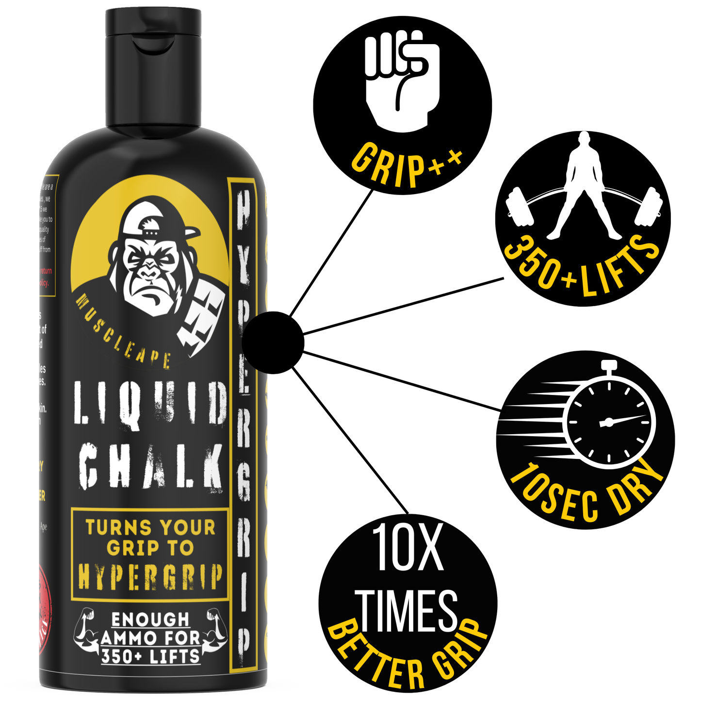 Muscleape Liquid Chalk 200ml with Wrist Wraps| Liquid Chalk for Dry Steel Like Grip| 20" Lenght 3" Widht Wraps with Wider Velcro for Heavy Lifters | Powerlifting Wrist Support Gym | Muscleape