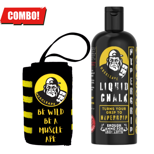 Muscleape Liquid Chalk 200ml with Wrist Wraps| Liquid Chalk for Dry Steel Like Grip| 20" Lenght 3" Widht Wraps with Wider Velcro for Heavy Lifters | Powerlifting Wrist Support Gym | Muscleape