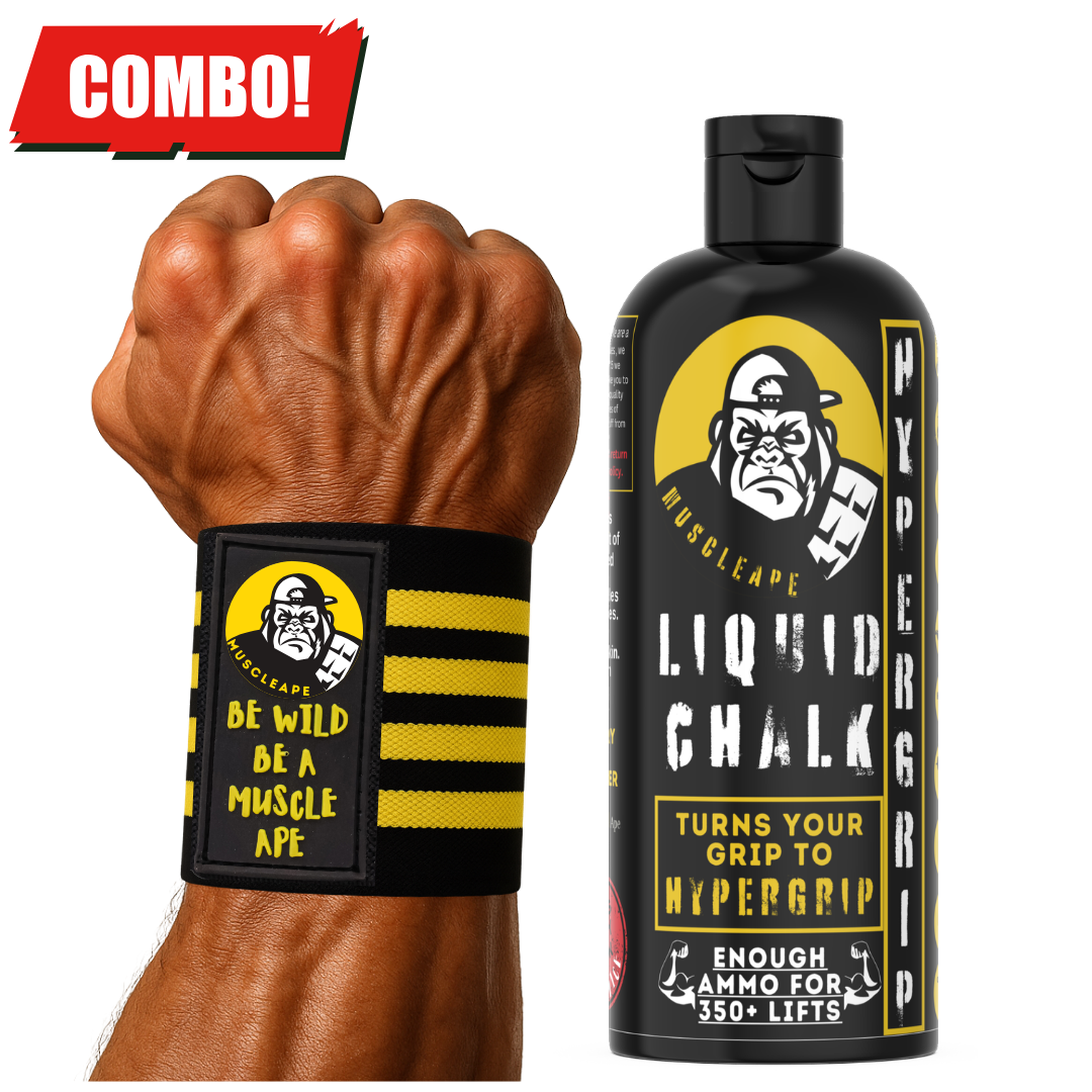 Muscleape Liquid Chalk 200ml + Wrist Wraps | Dry Steel-Like Grip + 20” x 3” Heavy Lifting Support with Wide Velcro | Powerlifting & Gym