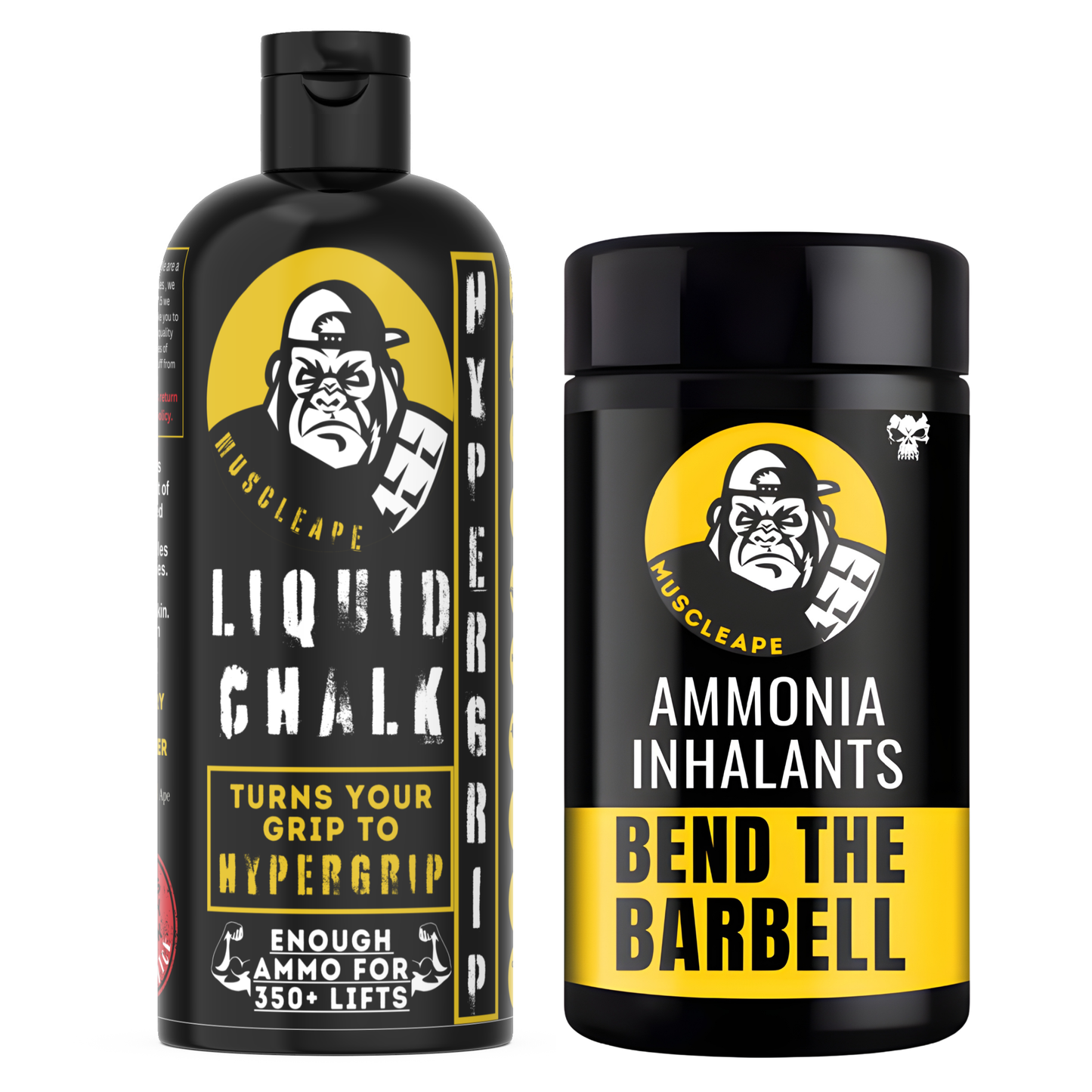 Muscleape HyperGrip Liquid Chalk bottle and Ammonia Inhalants jar, both in black packaging with yellow and white branding, on a white background.