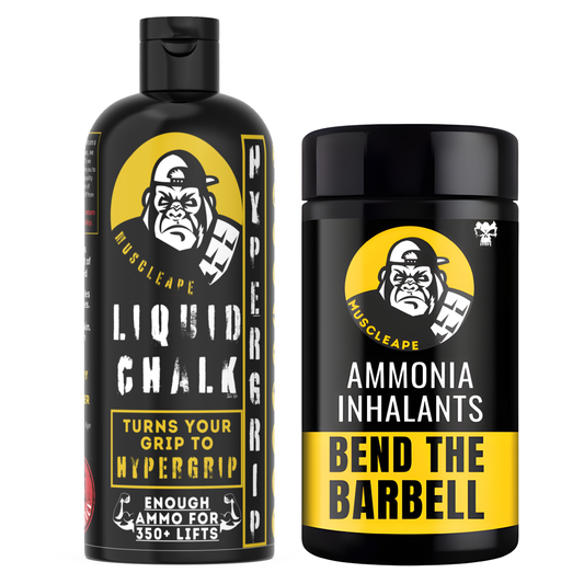 Muscleape HyperGrip Liquid Chalk bottle and Ammonia Inhalants jar, both in black packaging with yellow and white branding, on a white background.
