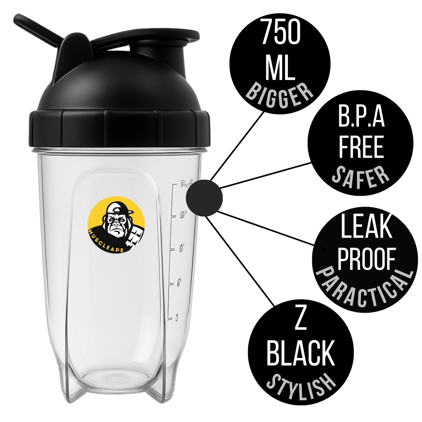 Muscleape Bullet Protein Shaker Bottle 760 ml – Leak-Proof, BPA-Free Gym Shaker with Mixing Ball, Ideal for Protein Shakes, Pre-Workout & Smoothies, for Men & Women