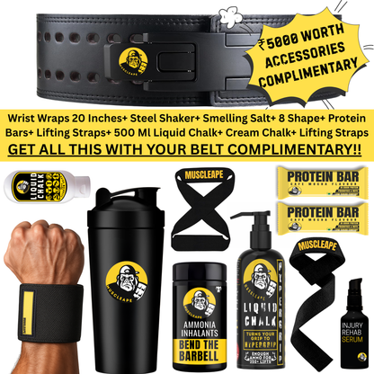 Collection of gym accessories including a belt, wrist wraps, shaker, and protein bars with promotional text. powerlifting belt