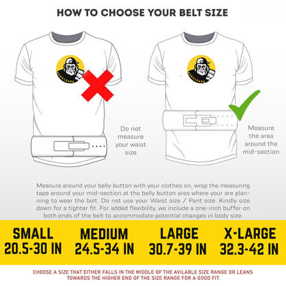 Guide on how to choose the right belt size with a t-shirt illustration and measurement instructions.