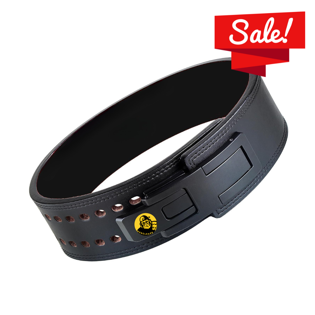 Muscleape Lever Belt. 4" Wide Genuine Leather. Quick-Release Steel Alloy Lever. Adjustable Powerlifting Belt With Lifetime Brand Warranty.