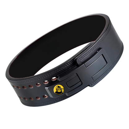 Black leather belt with a visible brand logo on a white background