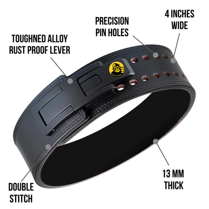 Black leather belt with features labeled on a white background powerlifting belt