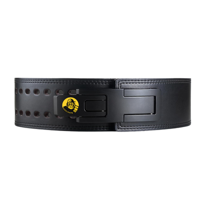 Black weightlifting belt with a yellow logo on a white background