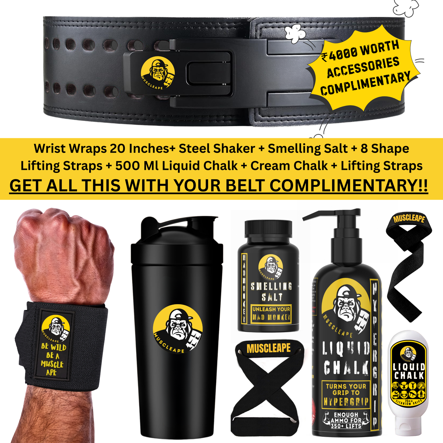 Muscleape 13mm Lever Belt. 4" Wide Genuine Leather. Quick-Release Steel Alloy Lever. Adjustable Powerlifting Belt With Lifetime Brand Warranty.