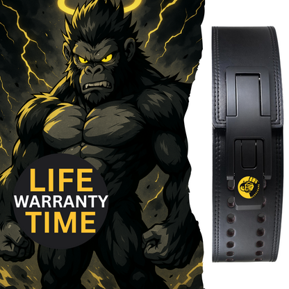 Muscular gorilla illustration with 'LIFE WARRANTY Time' text and a black belt with a yellow logo on a white  powerlifting beltbackground.