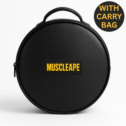 Black round carrying case with 'MUSCLEAPE' logo and text 'WITH CARRY BAG' on a white background powerlifting belt