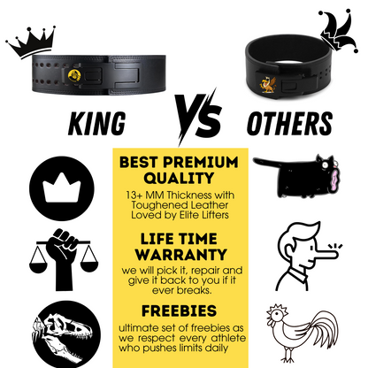 Promotional graphic comparing a 'King' product to 'Others' with text about premium quality, lifetime warranty, and freebies.