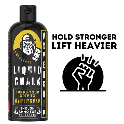 Muscletepe Liquid Chalk bottle with promotional text on a white background