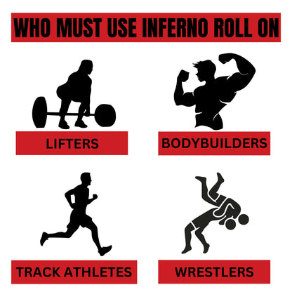 A graphic poster with black silhouettes of people and red label bars on a white background. The top text reads 'WHO MUST USE INFERNO ROLL ON' in black on a red banner.