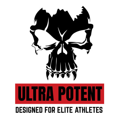 A black skull graphic above a red rectangular block with the words 'ULTRA POTENT' in black, and smaller text below reading 'DESIGNED FOR ELITE ATHLETES' on a white background.