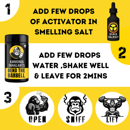 Instructions for using a product with images of a bottle and a can on a yellow background.