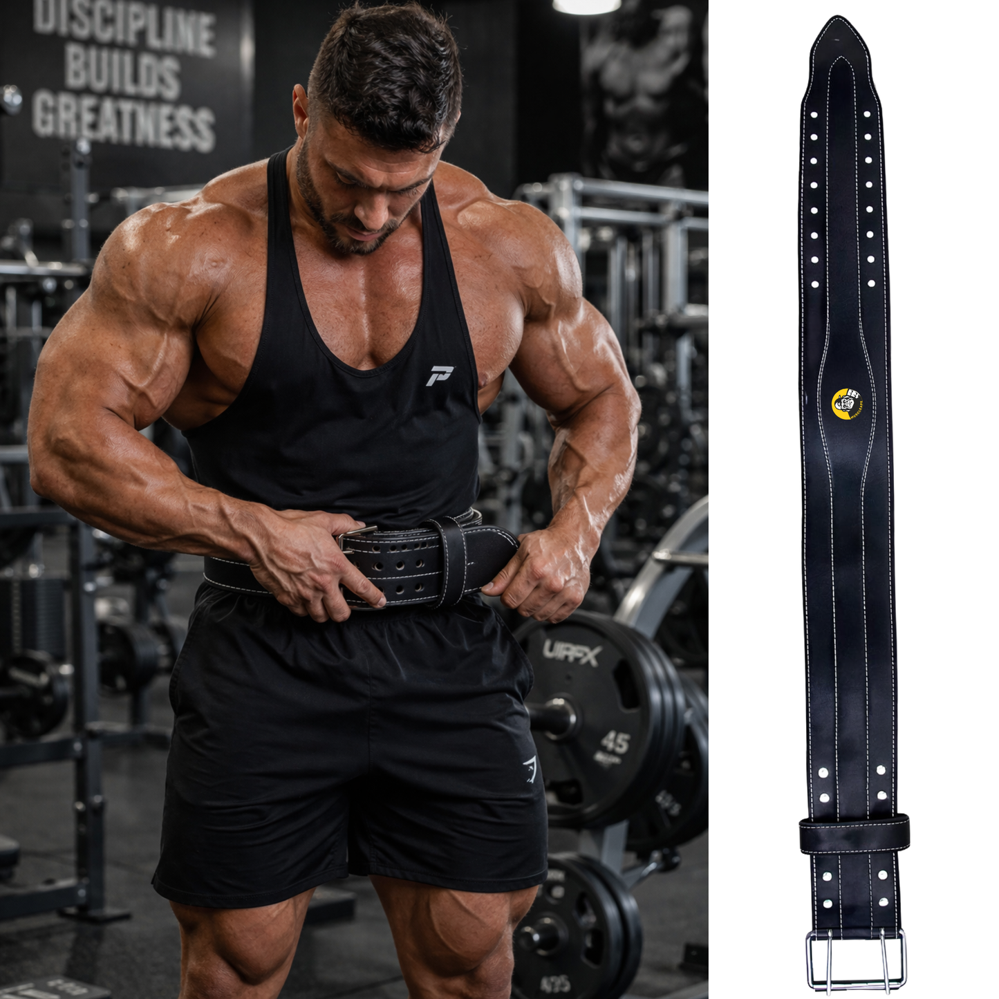 Muscleape Weight Lifting Belt for Men & Women, Black Harness Leather Gym Belt with Suede Back Support, Double Prong Buckle, 6 mm Thick 4 Inch Wide for Weightlifting, Powerlifting, Deadlift & Strength Training