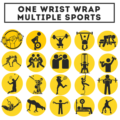 Illustrations of various sports activities on yellow circles with text 'One Wrist Wrap Multiple Sports'.