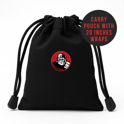 Black drawstring pouch with a logo and text on a white background