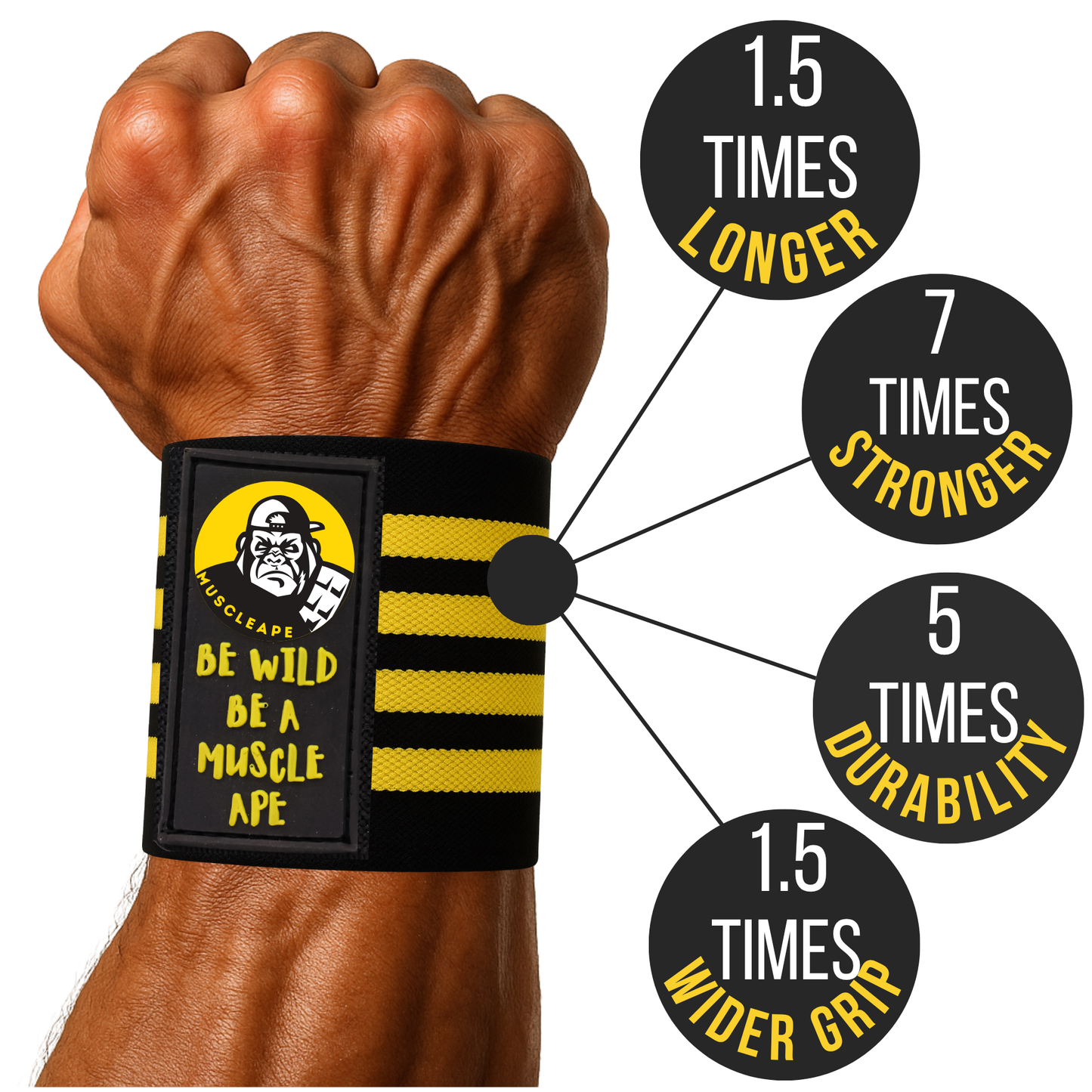 Muscleape Wrist Support Wraps for Gym| For Powerlifters, Bodybuilders and Other Strength Athletes| 3 Inches Velcro with Thumb Loop | Bumblebee