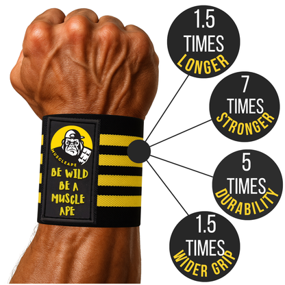Wrist wrap with brand logo and text on a wrist, showing feature claims.