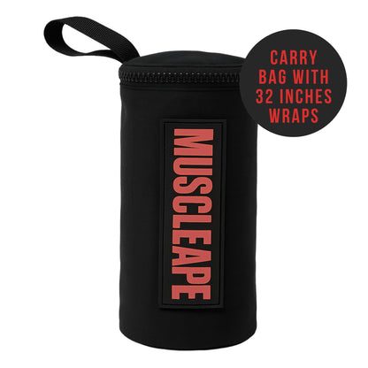 Black carrying bag with 'Muscleape' branding and text indicating wrap size on a white background