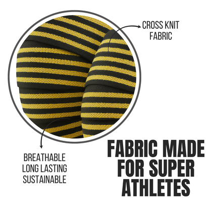 Black and yellow striped fabric with text highlighting features and sustainability.