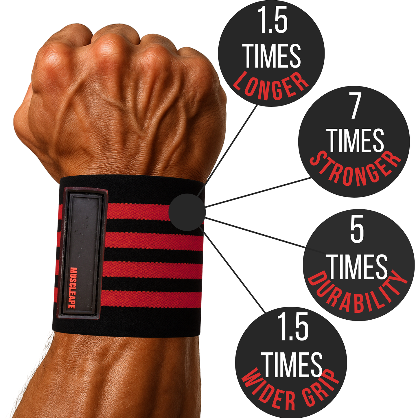 Muscleape Wrist Support Wraps for Gym| For Powerlifters, Bodybuilders and Other Strength Athletes| 3 Inches Velcro with Thumb Loop | Red-Black