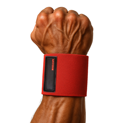 Red wrist wrap on a wrist with a white background