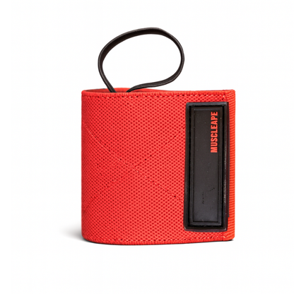Red wrist wrap with black strap and visible brand logo on a white background